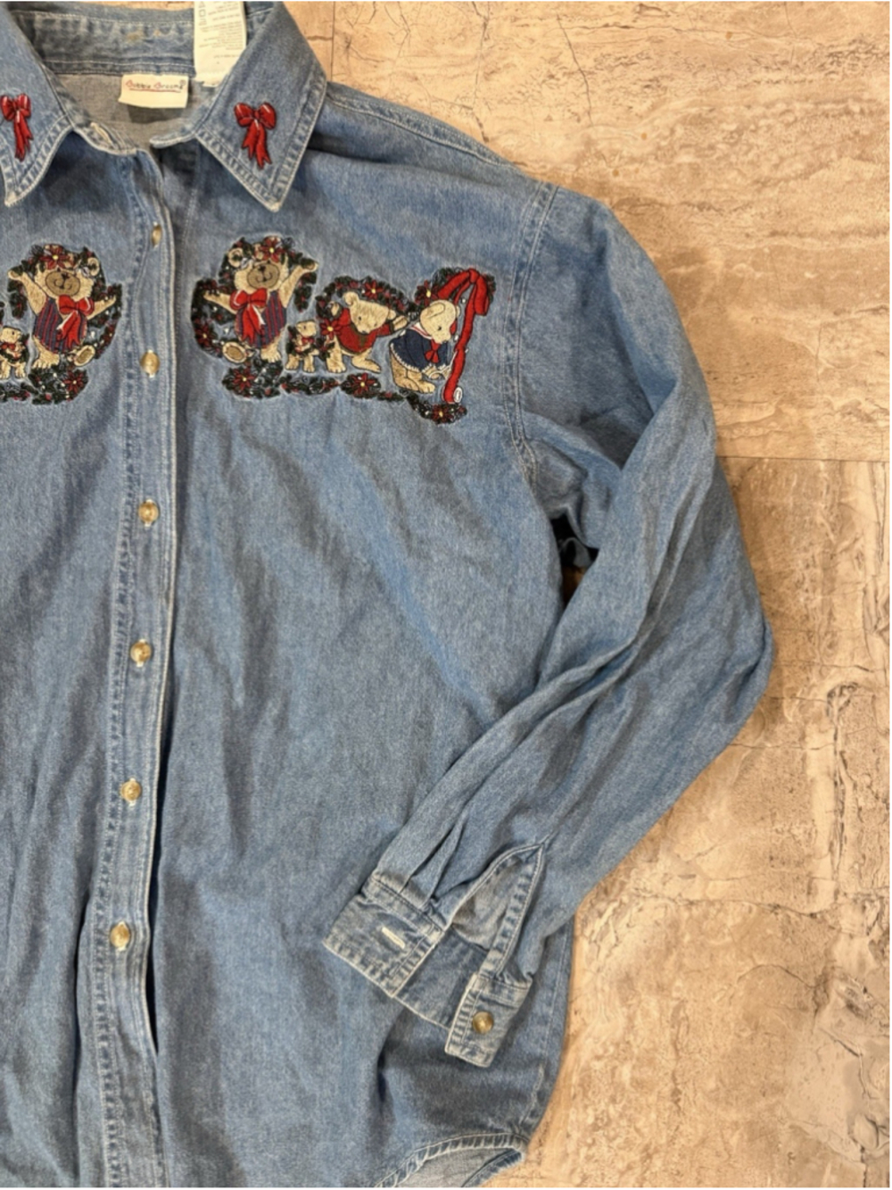 VTG Bobbie Brooks Holiday Bears Bows Large Denim Embroidered Shirt Chambray